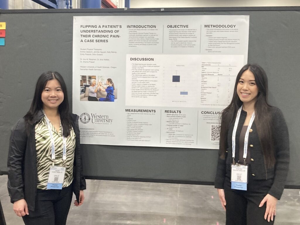 Two people standing in front of a poster titled "Flipping a Patient's Understanding of Their Chronic Pain: A Case Series" at a presentation event.