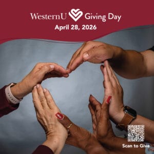 Six diverse hands form a heart shape against a gray background, promoting WesternU Giving Day on April 28, 2026, with a QR code for donations.