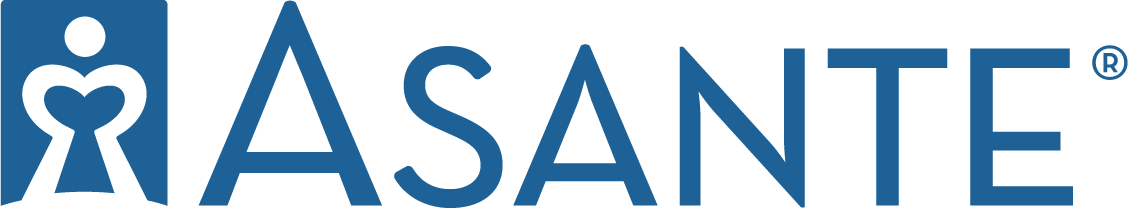 Blue ASANTE logo with stylized human figure holding a heart inside a square on the left, followed by the word "ASANTE" in uppercase letters.
