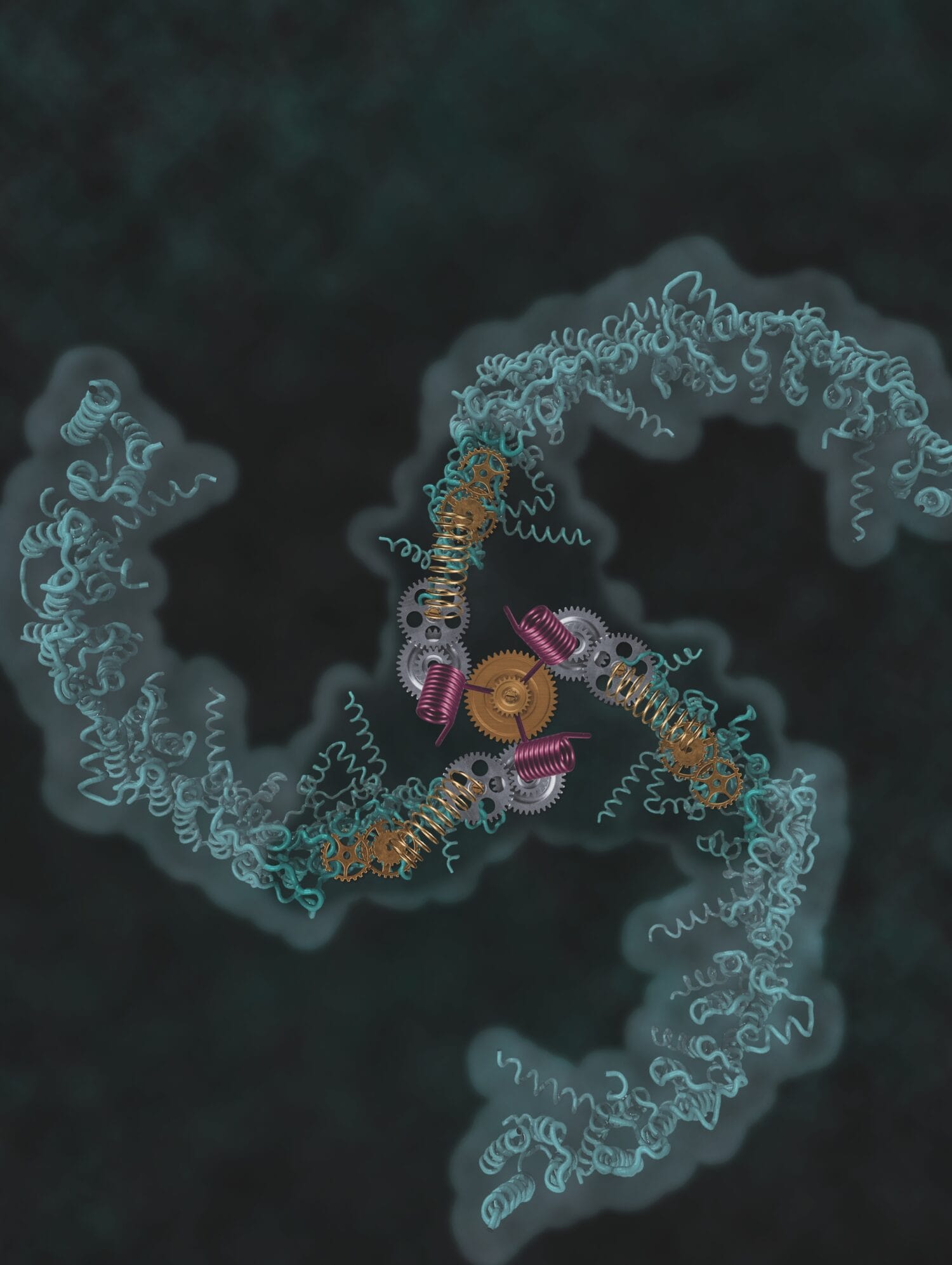 Digital illustration of a molecular structure with three interlocked gears surrounded by twisted, ribbon-like strands on a dark background.