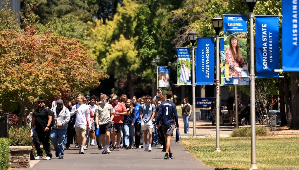 A group of people walk on a tree-lined campus path next to Sonoma State University banners on a sunny day.